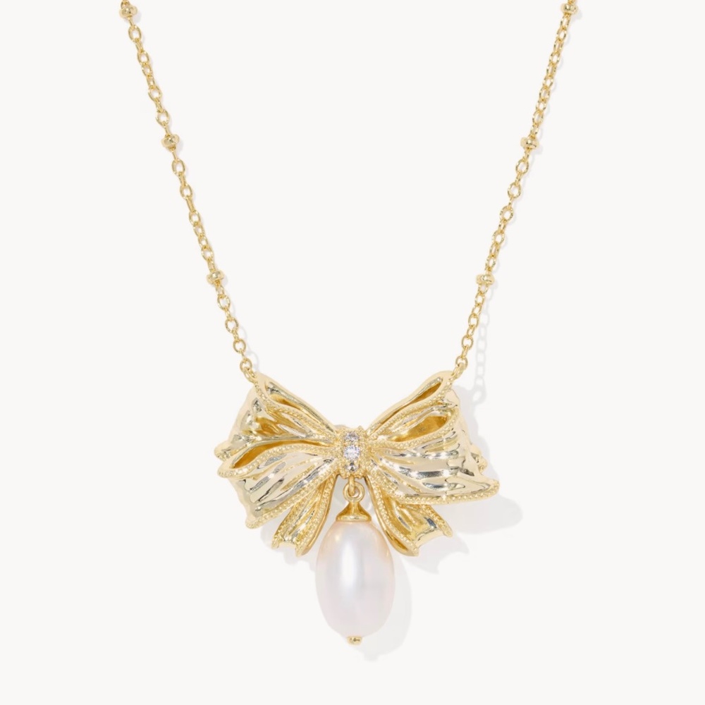 LoveShackFancy Gold Bow Pendant Necklace with Pearl